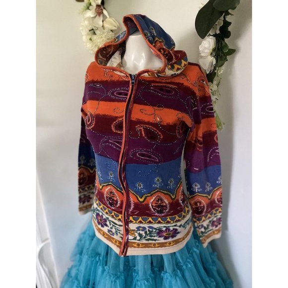 Vintage Beaded Lady Hooded Soft Shell Jacket Front Zipper Cotton 24 Karat Brand - Picture 4 of 15